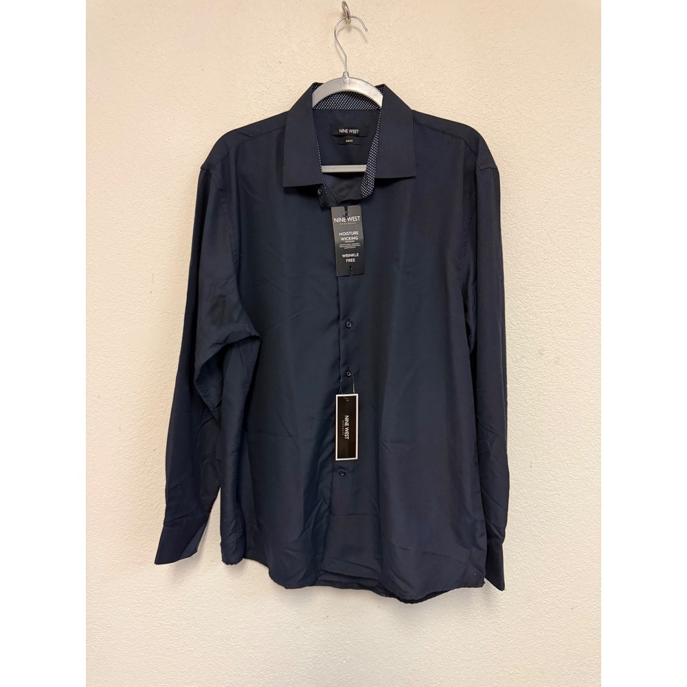 Nine West Men's XL Navy Slim Fit Moisture Wicking Wrinkle Free Dress Shirt NWT